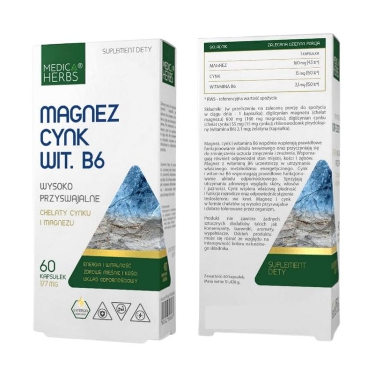 Magnez Cynk Witamina B6 (Chelaty cynku i magnezu) 177mg 60 kaps.