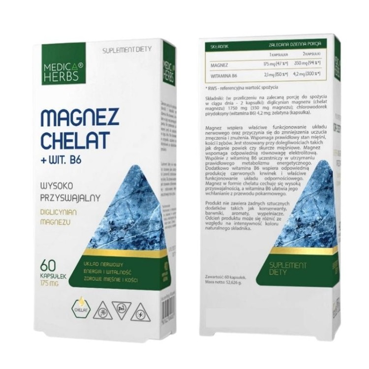 Magnez Chelat + Witamina B6 (Diglicynian Magnezu) 175mg 60kaps.
