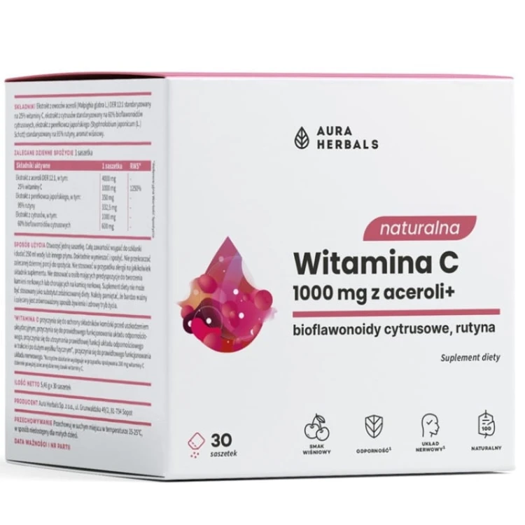 Witamina C 1000mg z Aceroli 30 saszetek o smaku wiśniowym
