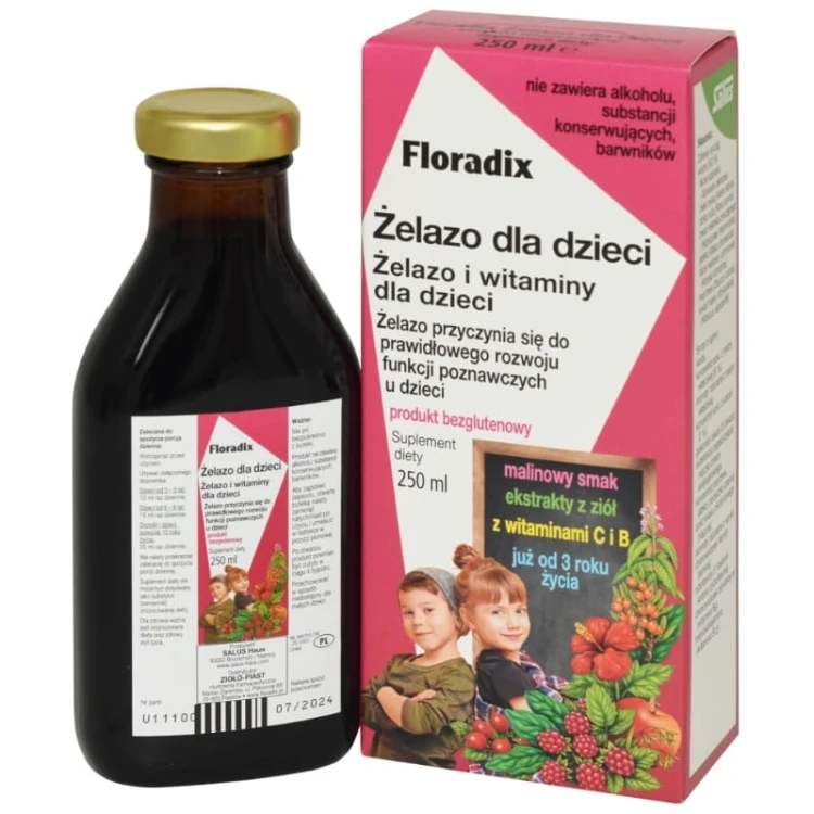 Floradix Żelazo dla dzieci 3+ smak malinowy 250ml